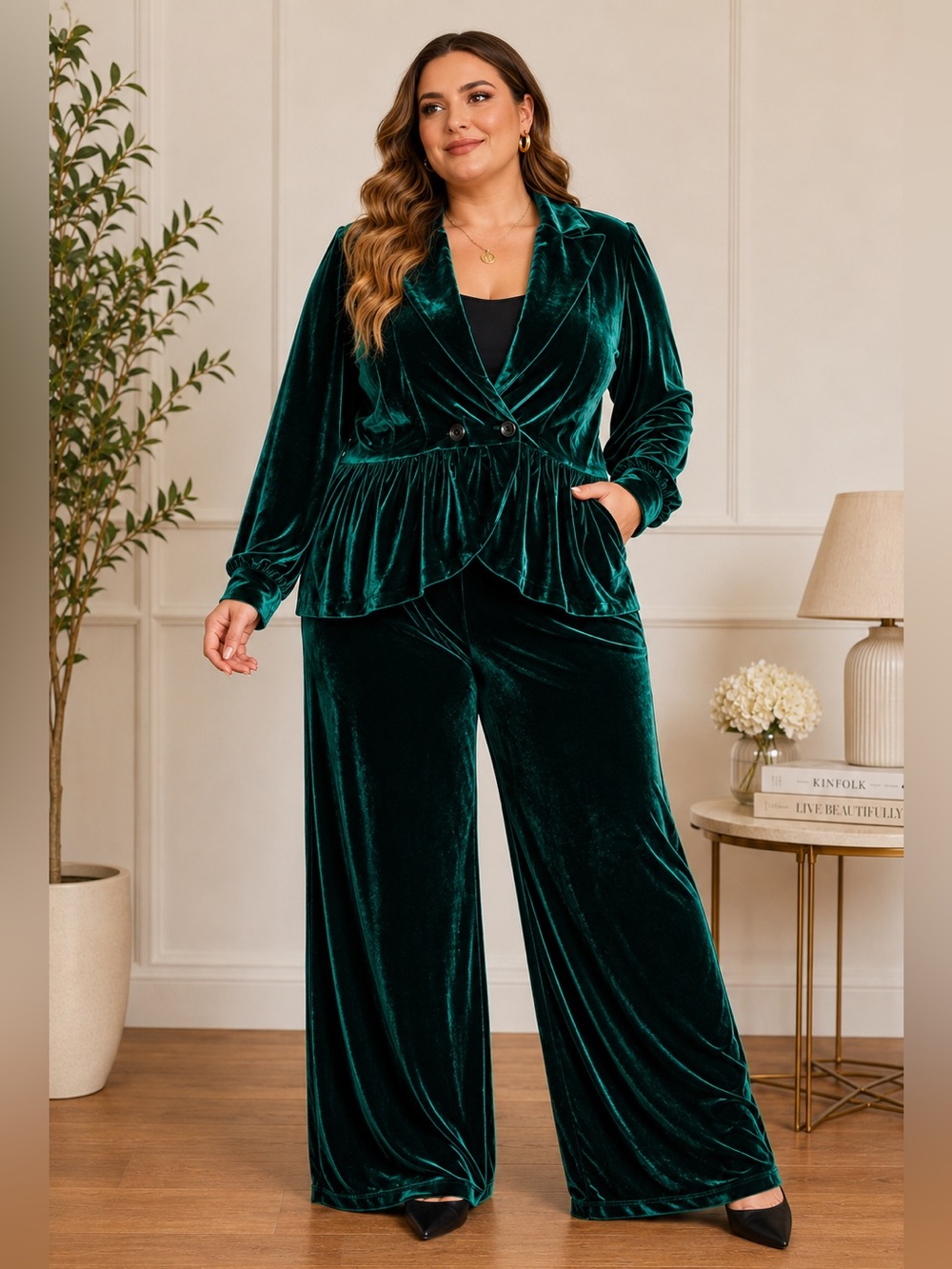 Sz XL Emerald Majesty Victorian green Velvet tux jacket Peplum Wideleg Pant Suit